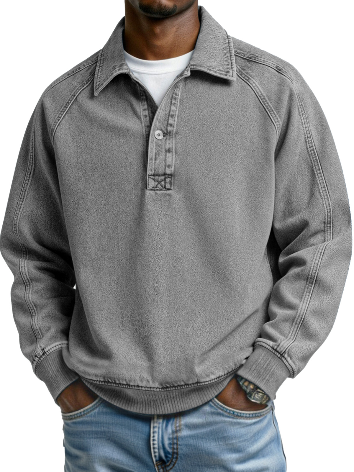 Retro Solid Color Patchwork Design Button Lapel Long-sleeved Polo Shirt