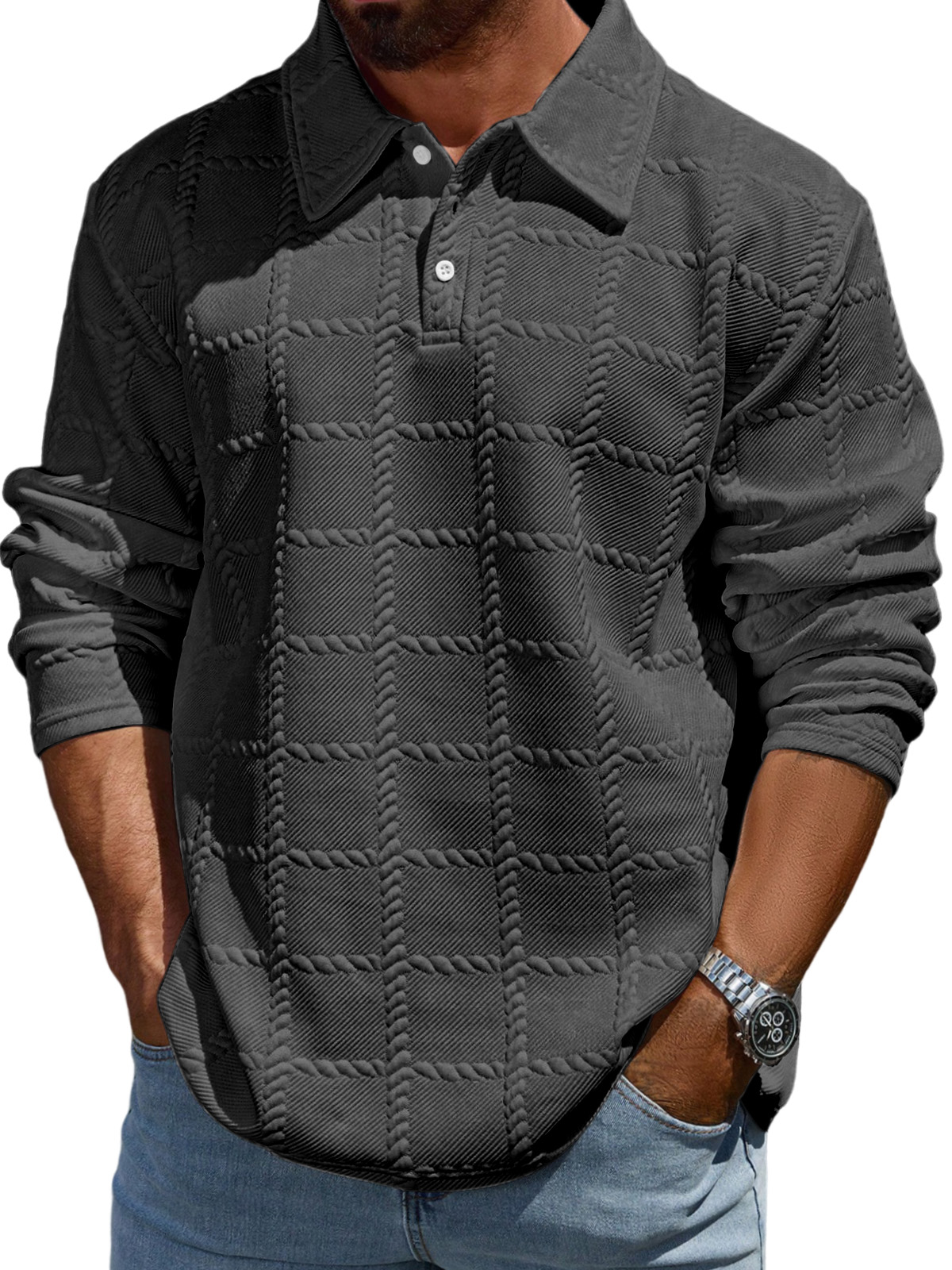 Men's Simple Solid Color Textured Lapel Long-sleeved Polo Shirt