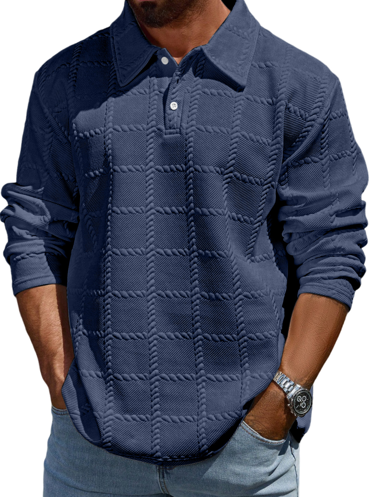 Men's Simple Solid Color Textured Lapel Long-sleeved Polo Shirt