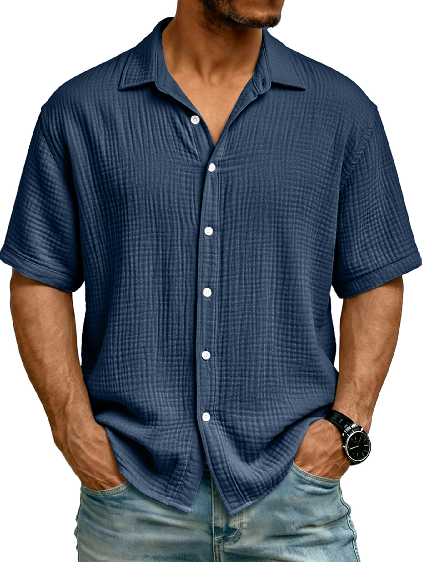 Men's Pure Cotton Comfortable Wrinkled Collar Button Casual Short-sleeved Shirt
