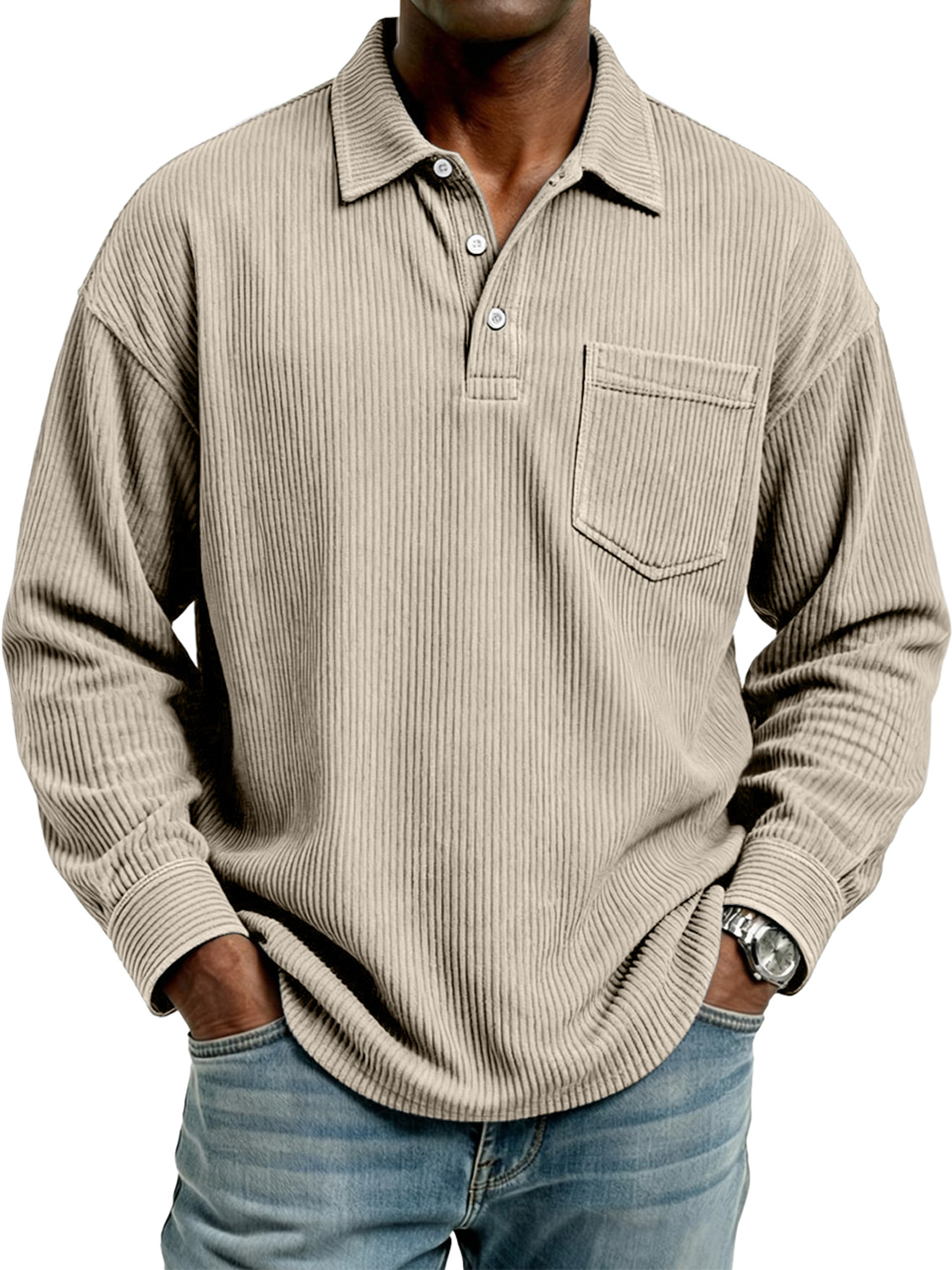 Men's Retro Corduroy Lapel Button Casual Pocket Long-Sleeve Polo Shirt
