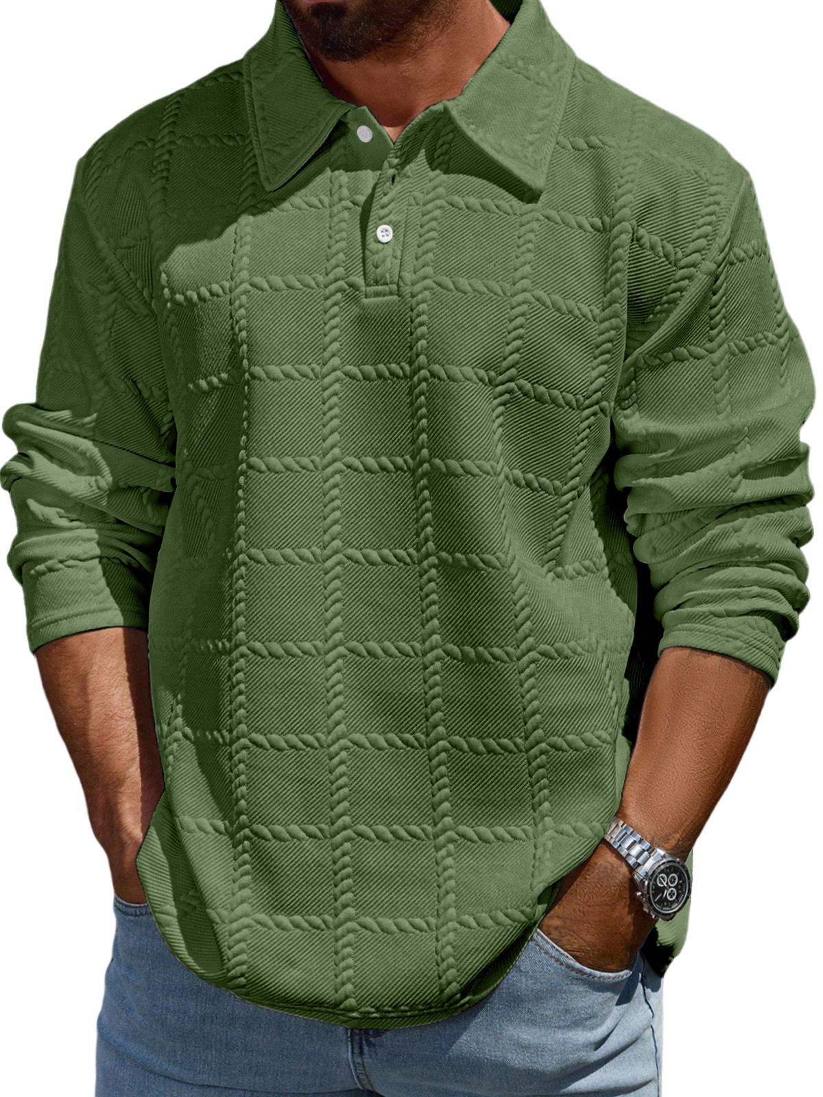 Men's Simple Solid Color Textured Lapel Long-sleeved Polo Shirt