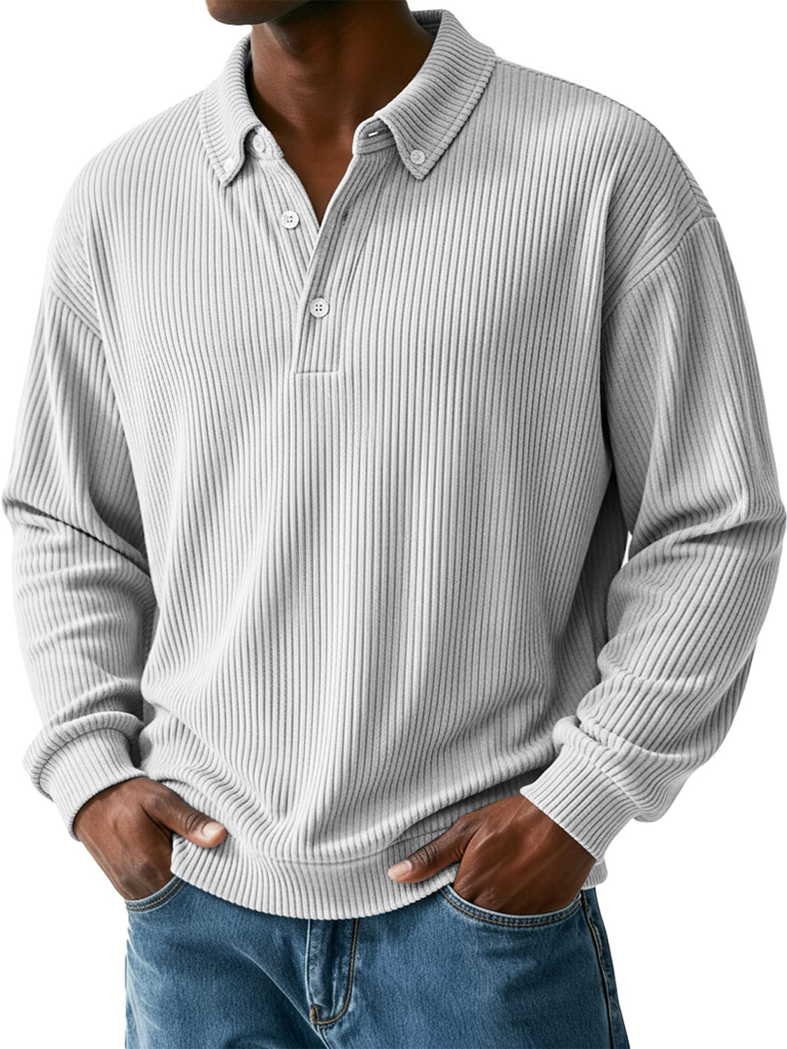 Men's Simple Ribbed Collar Button Casual Long-Sleeve Polo Shirt