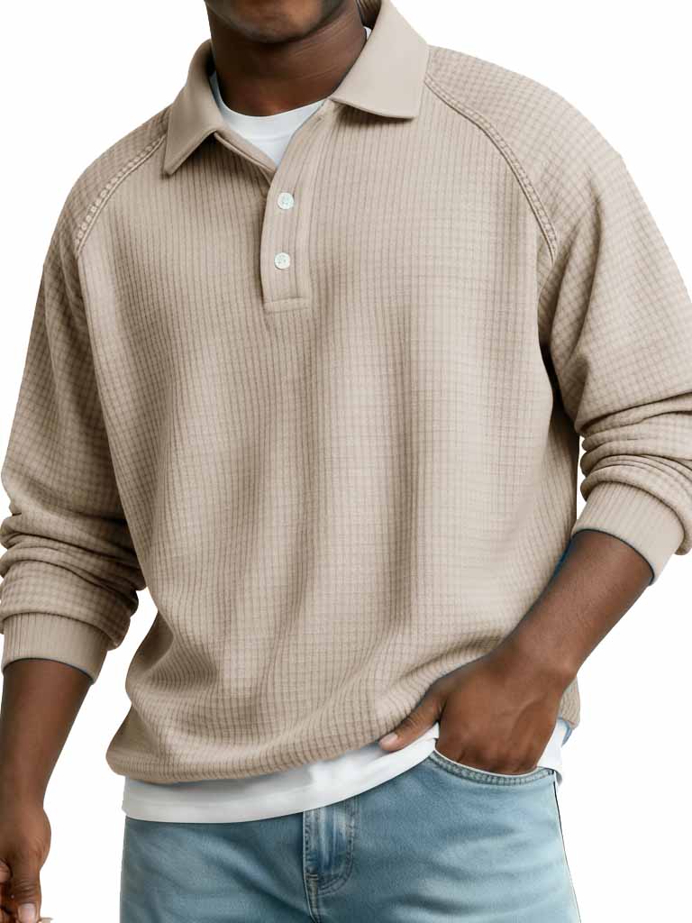 Men's Fashionable Casual Waffle Gown with Raglan Sleeves and Polo Shir