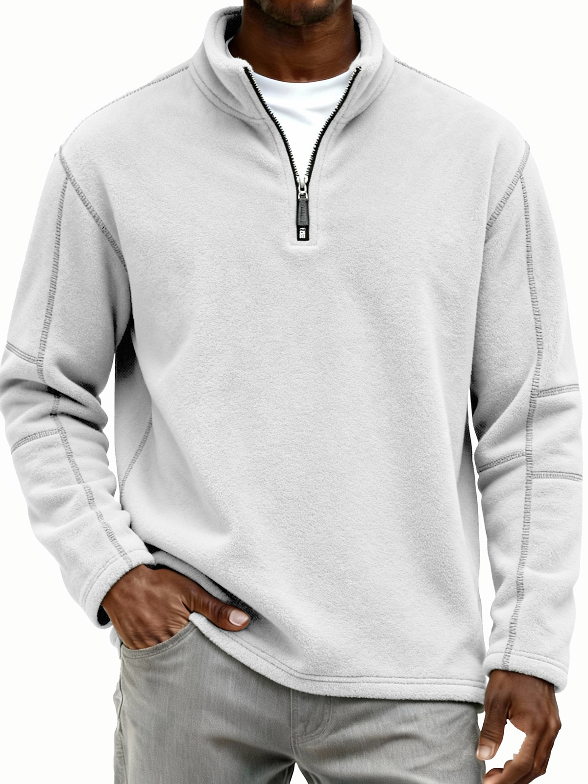 Men's Retro Fashion Lambswool Fabric Stand Collar Zipper Long-Sleeve Polo Shirt