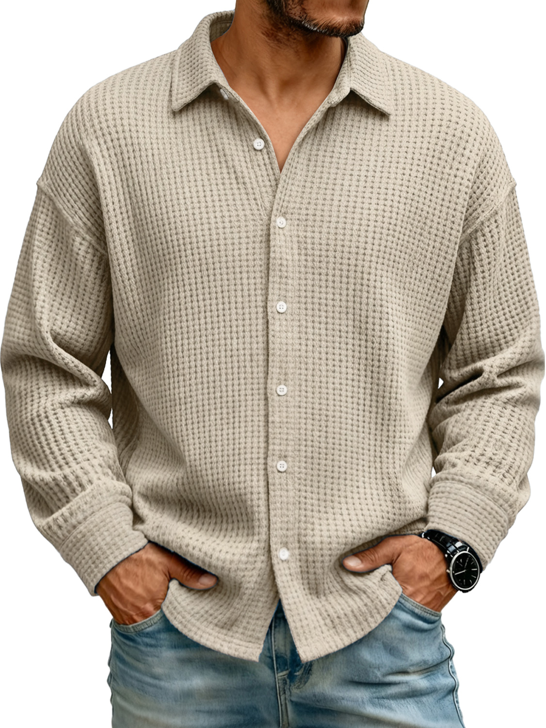 Men's Lapel Waffle Knit Casual Solid Color Long-sleeved Shirt
