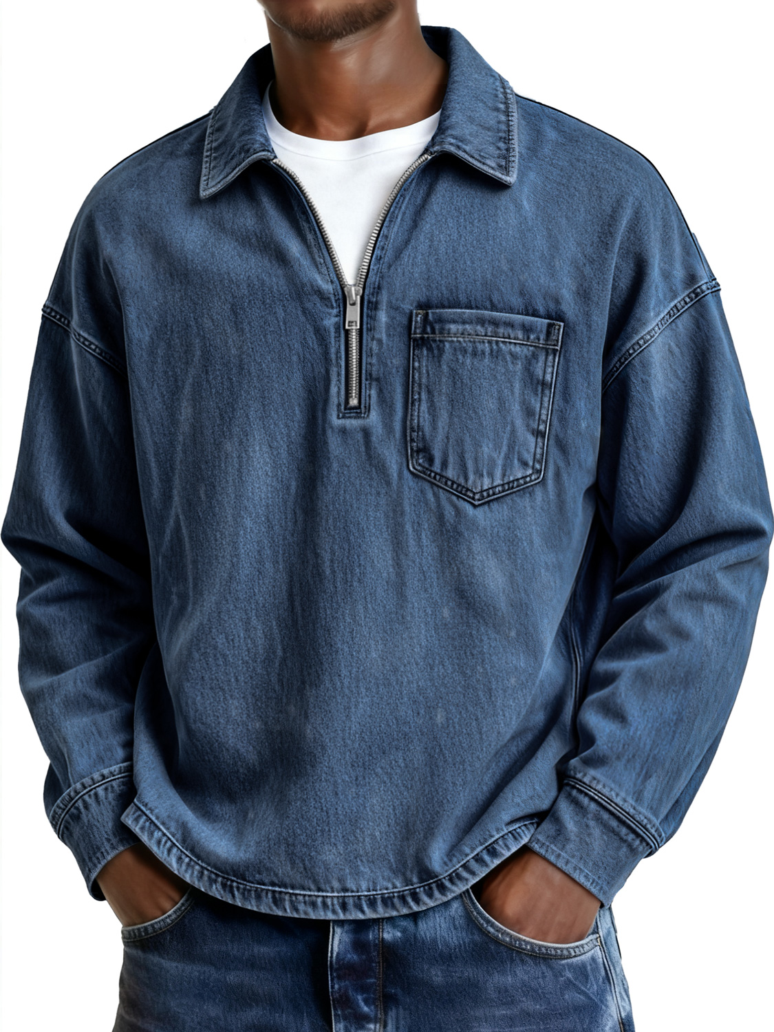 Men's Retro Lapel Zipper Casual Pocket Long-Sleeve Polo Shirt