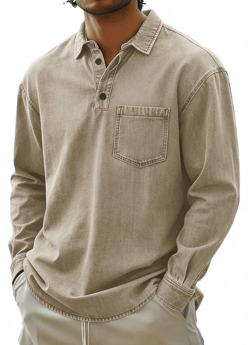 Men's Fashionable Retro Distressed Collared Pocket Long-Sleeved Polo Shirt