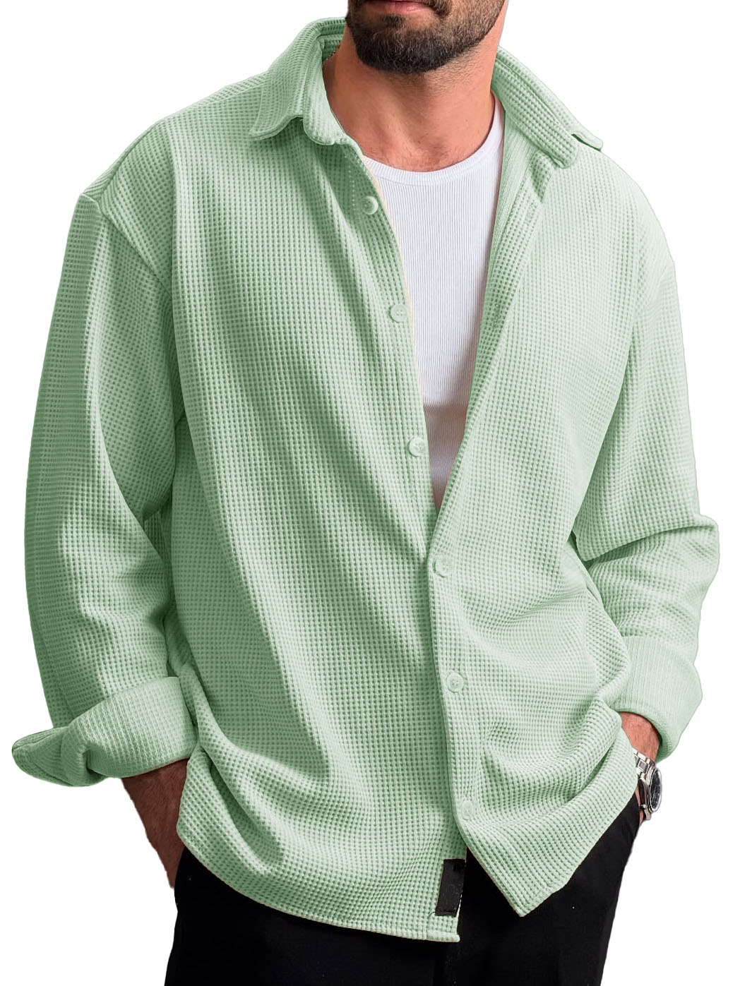 Men's Stylish Everyday Casual Waffle Fabric Lapel Long-sleeved Shirt
