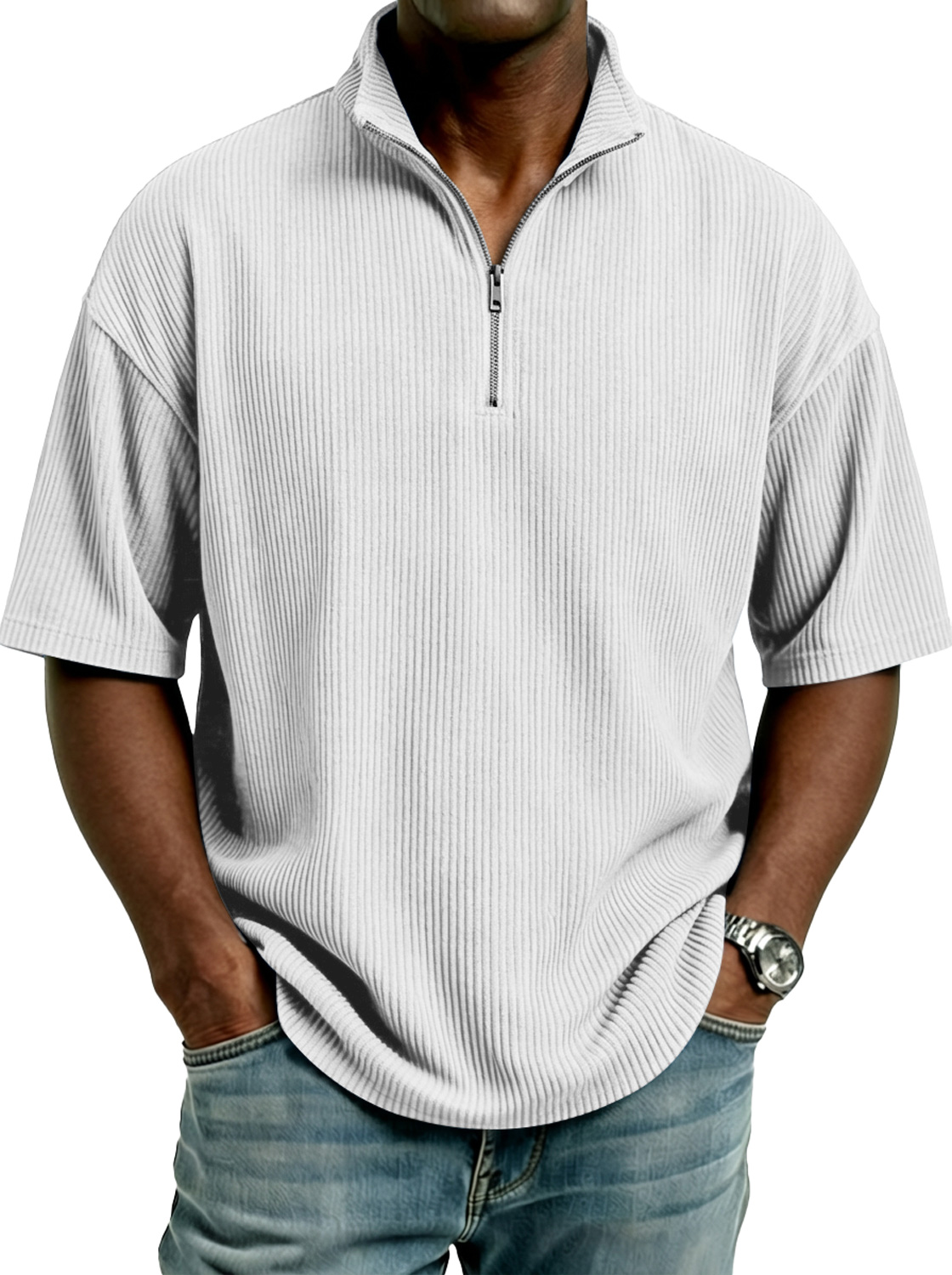 Men's Simple Corduroy Stand-collar Zip-up Casual Short-sleeved T-shirt