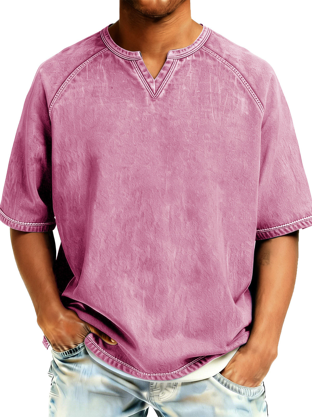 Men's Retro Distressed Raglan V-Neck Short-Sleeve T-Shirt