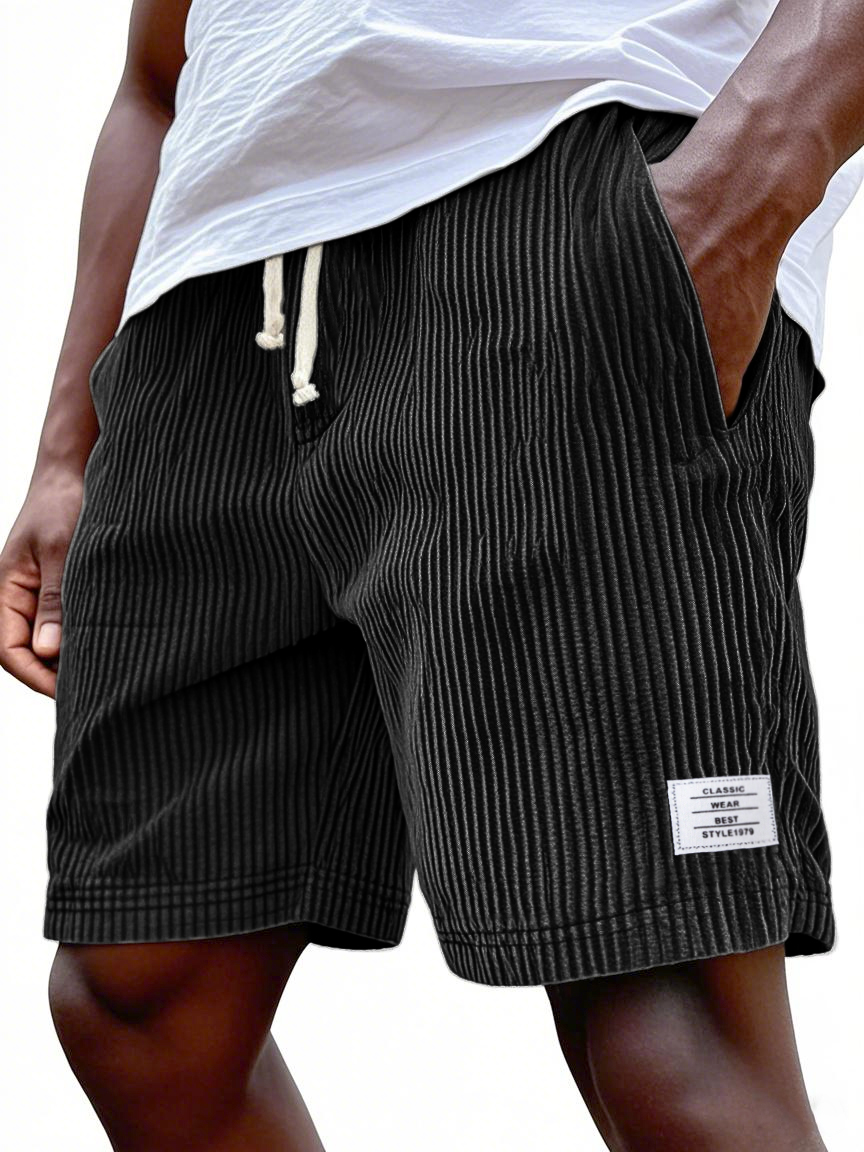 Mens Stylish Ribbed Simple Embroidered Corduroy Loose Lace-up Casual Shorts