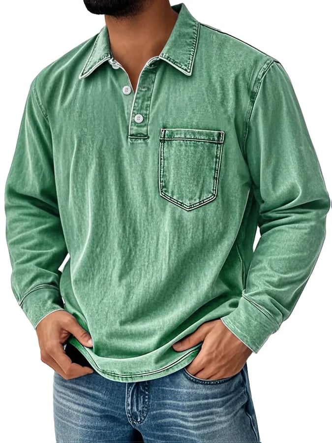 Men's Vintage Washed Distressed Pocket Polo Shirt