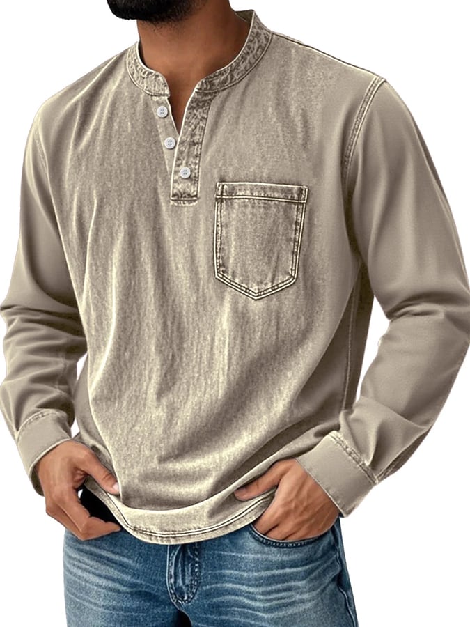 Men's Vintage Basic Washed Distressed Long Sleeve Henley Shirt