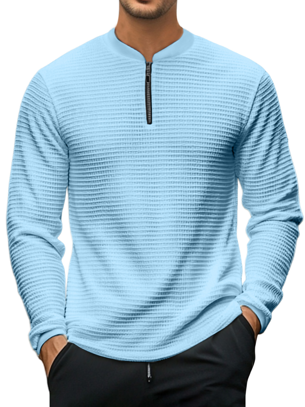 Men's Casual Solid Color Baseball Collar Zipper Texture Long-sleeved Polo Shirt