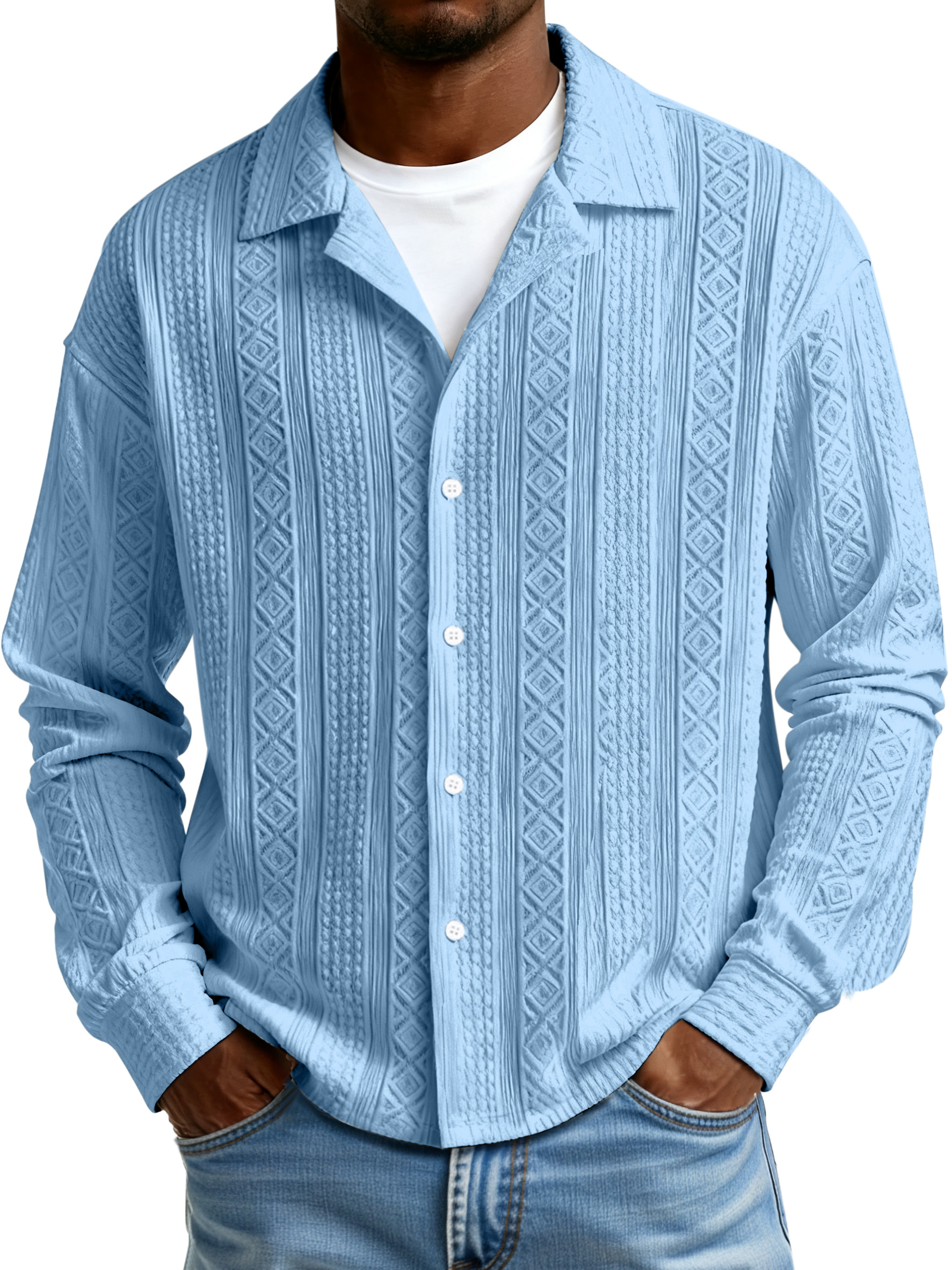 Men's Simple Solid Color Textured Lapel Button-down Long-sleeved Shirt