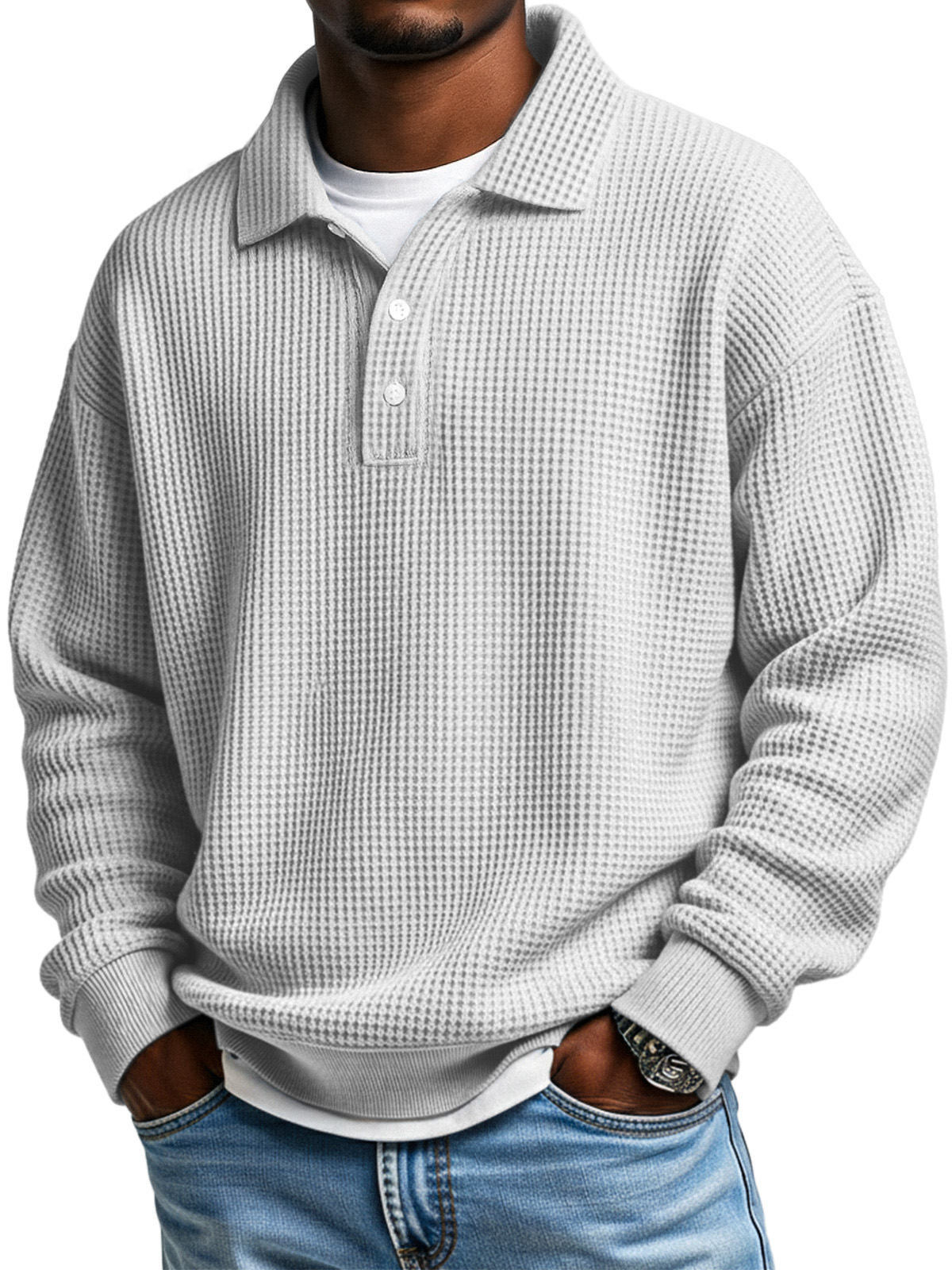 Men's Daily Loose Simple Waffle Lapel Button Long Sleeve POLO Shirt