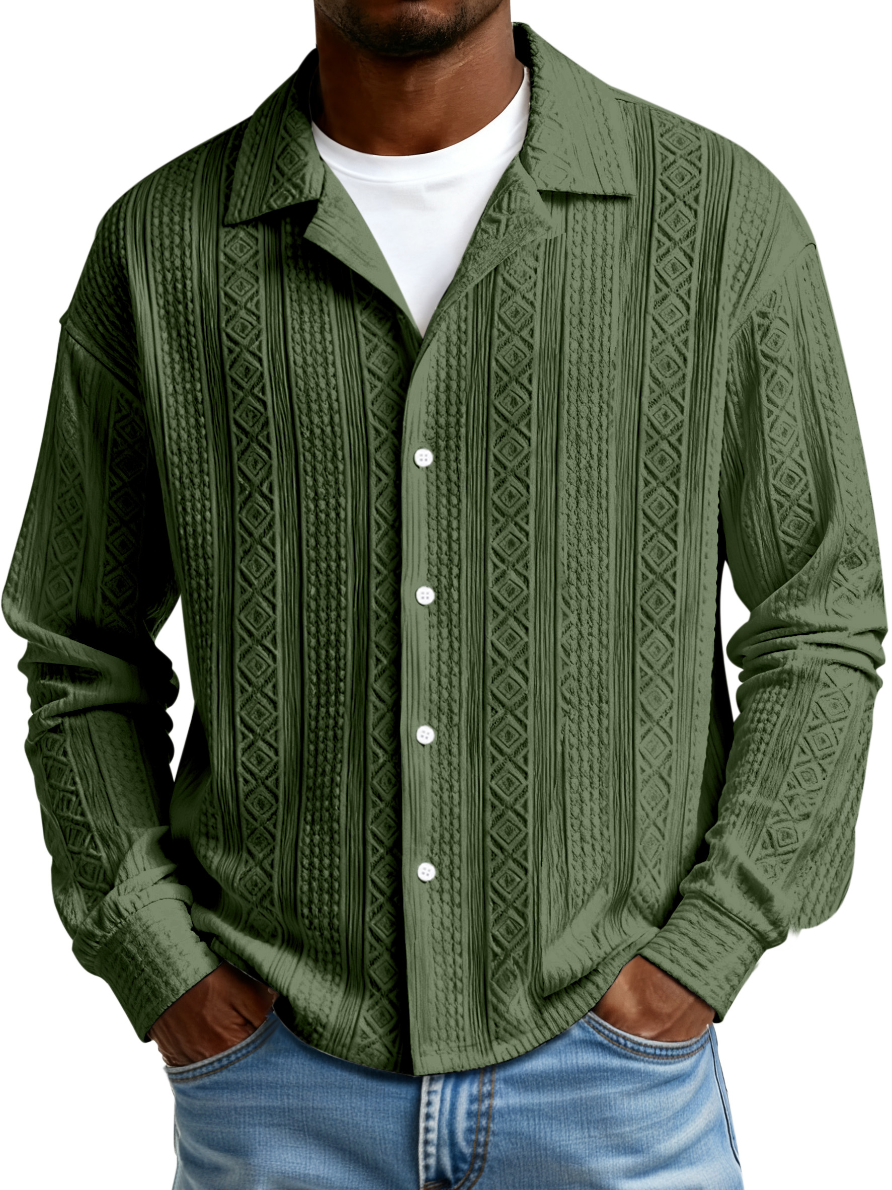 Men's Simple Solid Color Textured Lapel Button-down Long-sleeved Shirt