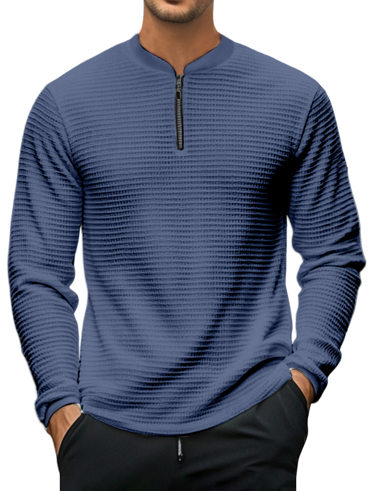 Men's Casual Solid Color Baseball Collar Zipper Texture Long-sleeved Polo Shirt