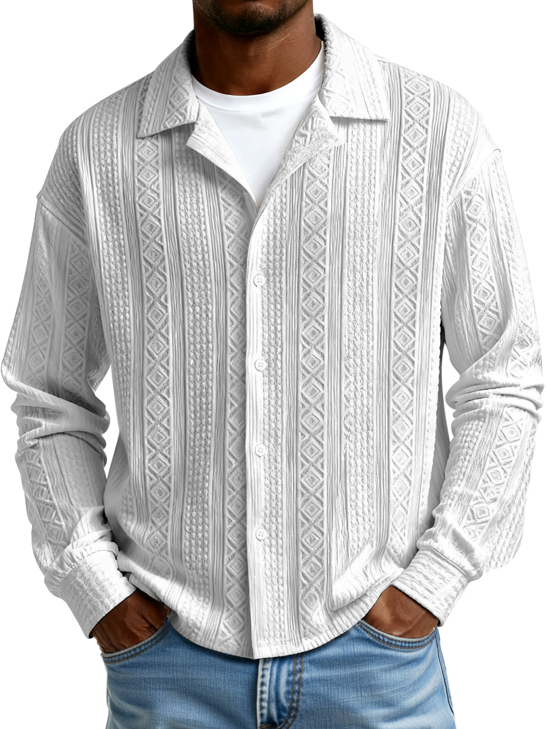 Men's Simple Solid Color Textured Lapel Button-down Long-sleeved Shirt