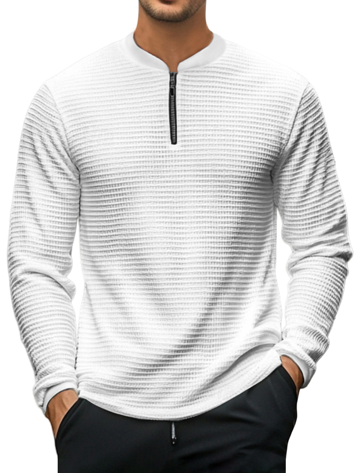 Men's Casual Solid Color Baseball Collar Zipper Texture Long-sleeved Polo Shirt