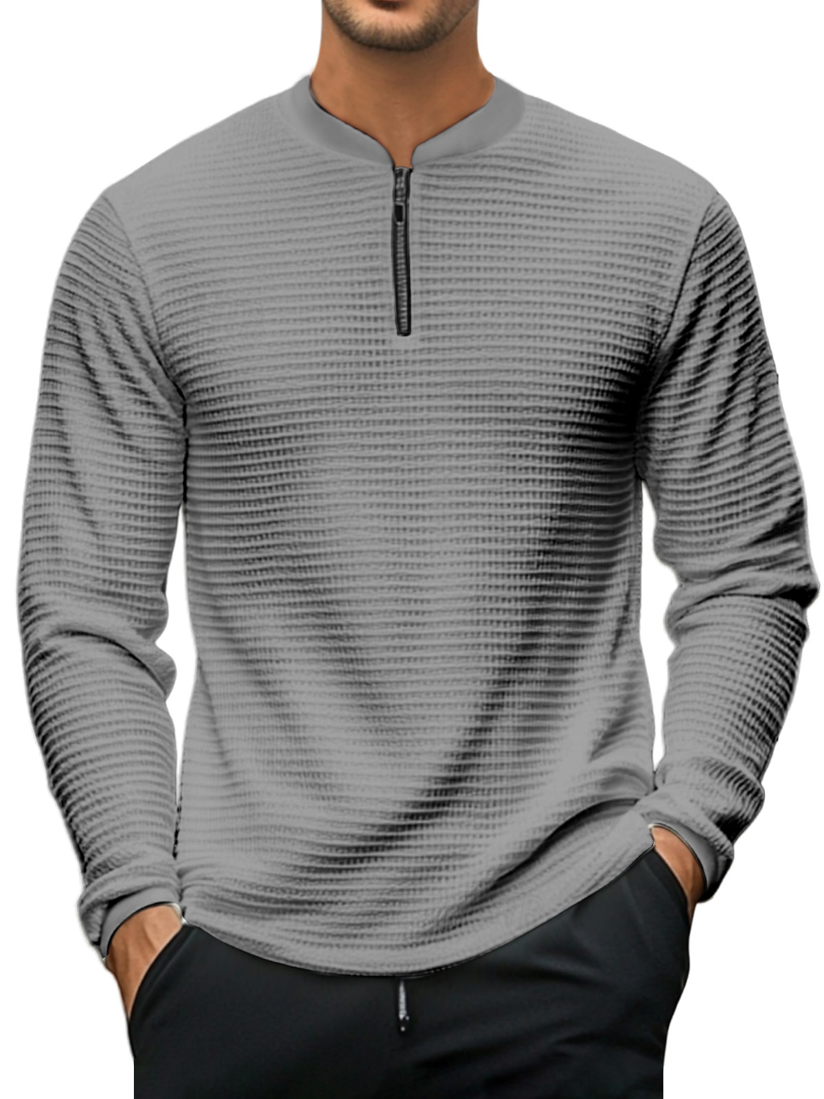 Men's Casual Solid Color Baseball Collar Zipper Texture Long-sleeved Polo Shirt
