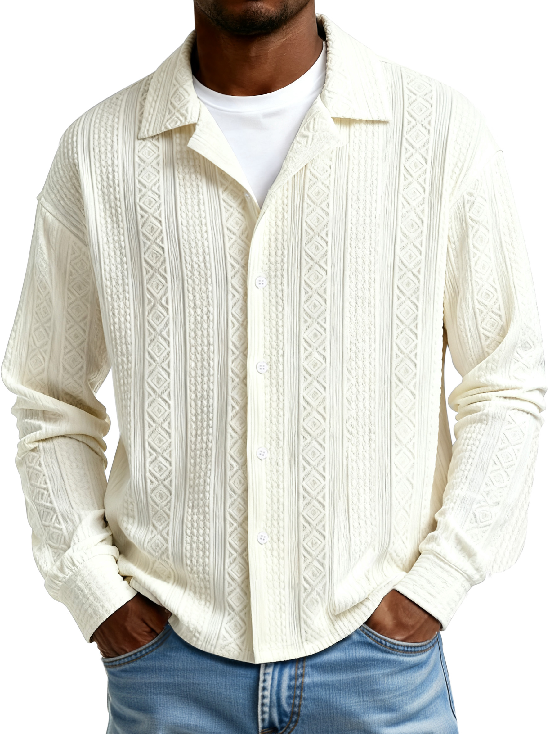Men's Simple Solid Color Textured Lapel Button-down Long-sleeved Shirt
