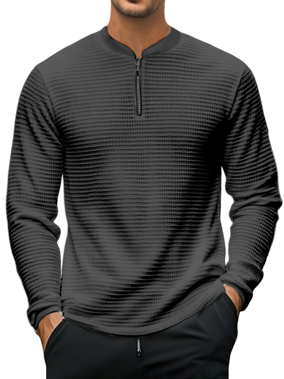 Men's Casual Solid Color Baseball Collar Zipper Texture Long-sleeved Polo Shirt