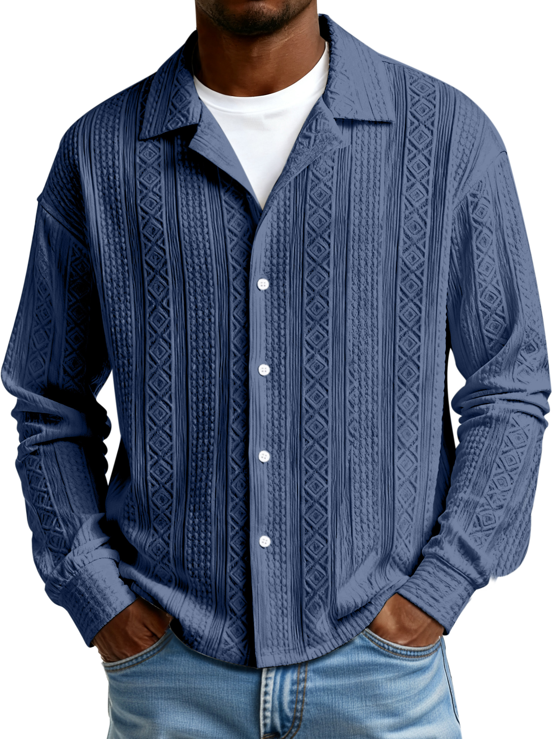 Men's Simple Solid Color Textured Lapel Button-down Long-sleeved Shirt