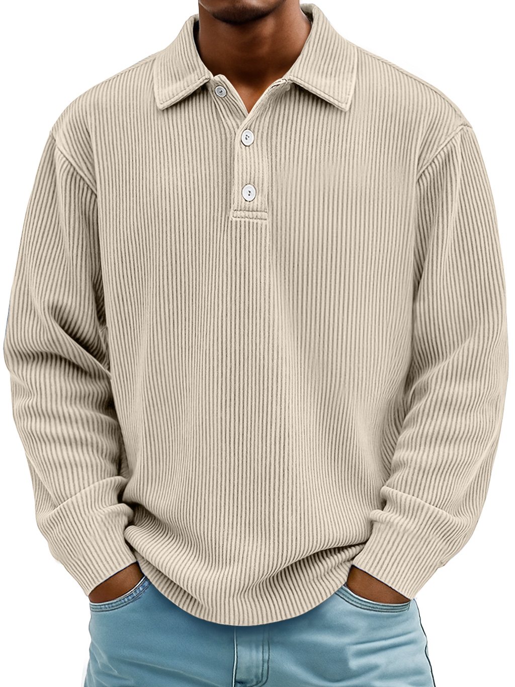 Men's Daily Casual Ribbed Lapel Button-down Loose Long-sleeved Polo Shirt