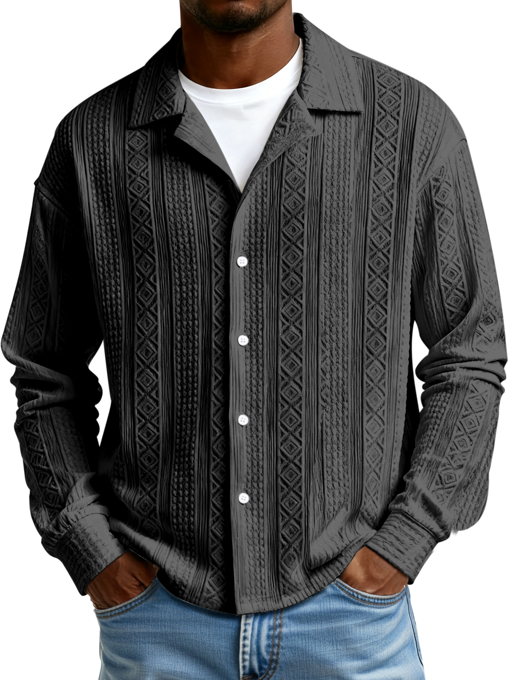 Men's Simple Solid Color Textured Lapel Button-down Long-sleeved Shirt