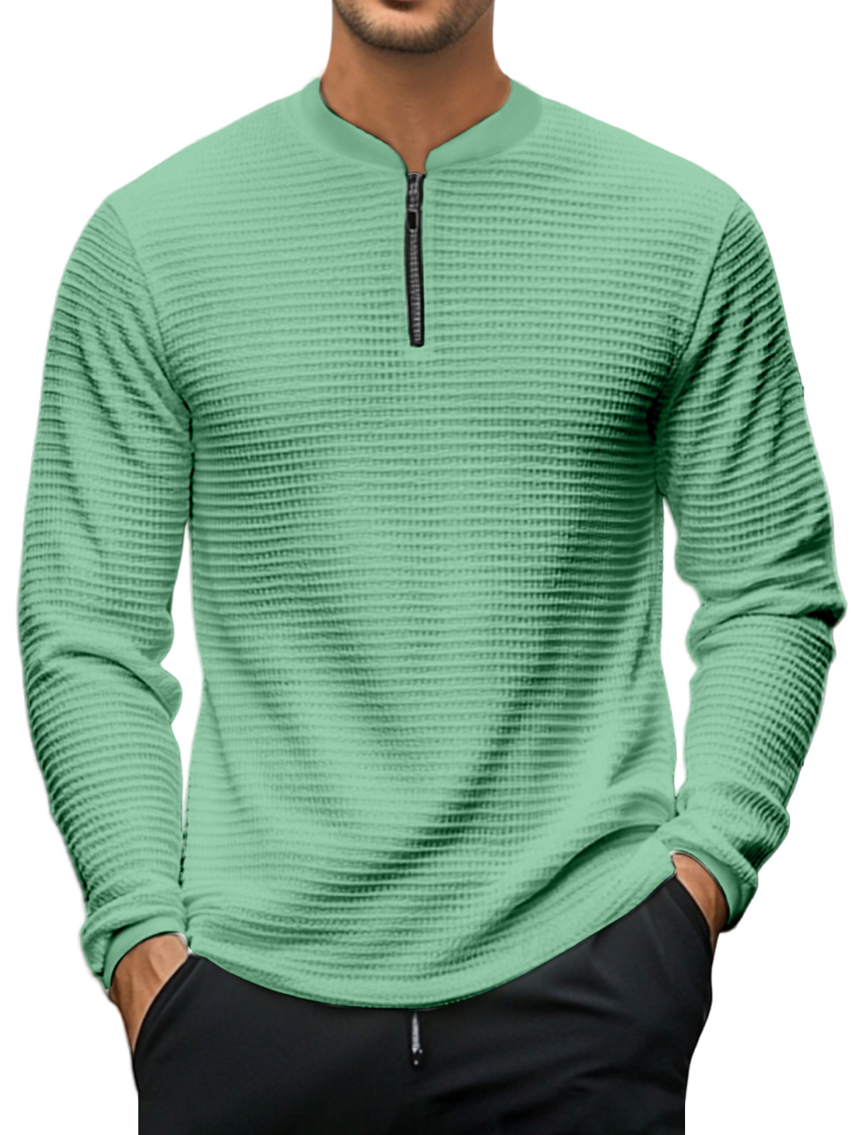 Men's Casual Solid Color Baseball Collar Zipper Texture Long-sleeved Polo Shirt