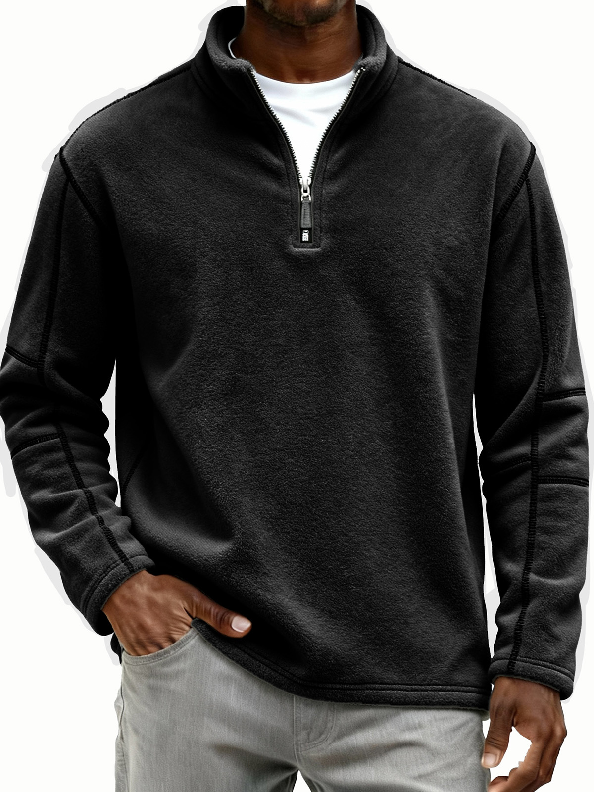 Men's Retro Fashion Lambswool Fabric Stand Collar Zipper Long-Sleeve Polo Shirt