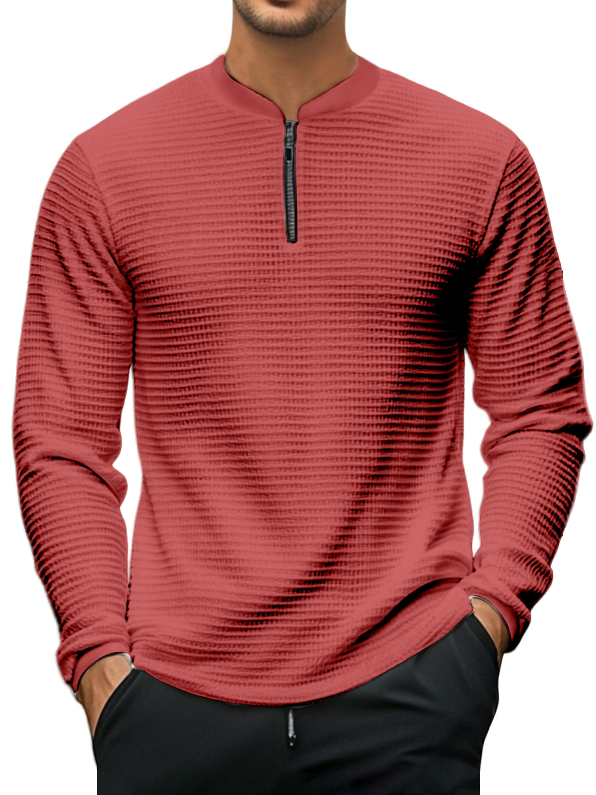 Men's Casual Solid Color Baseball Collar Zipper Texture Long-sleeved Polo Shirt