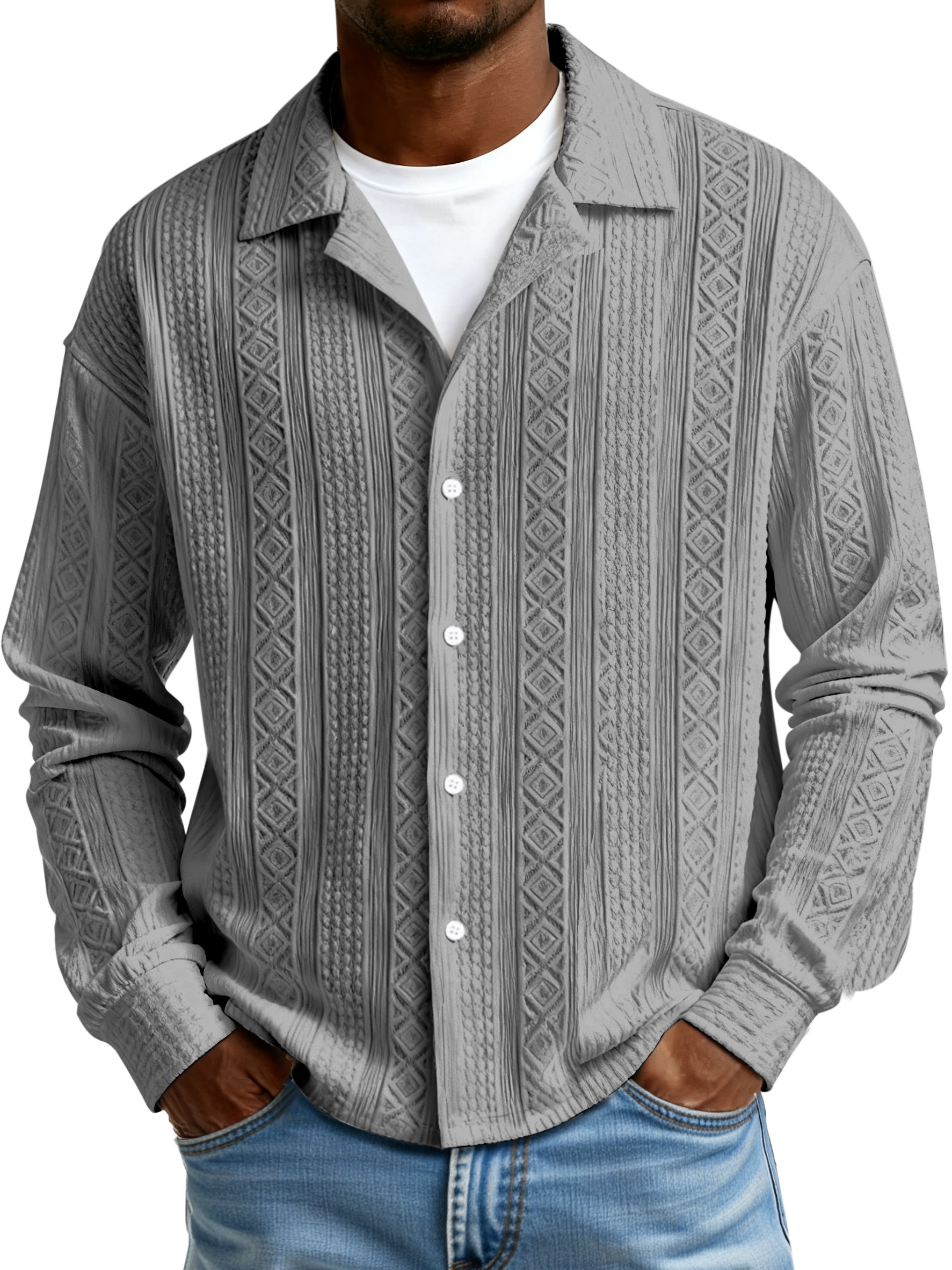 Men's Simple Solid Color Textured Lapel Button-down Long-sleeved Shirt