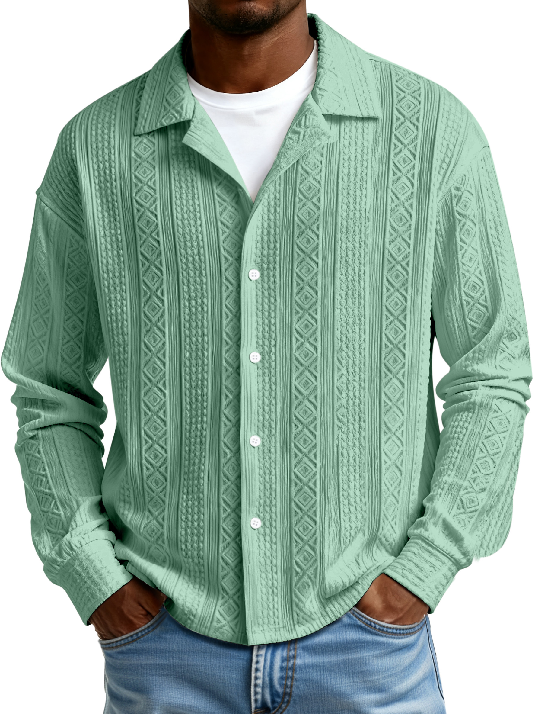 Men's Simple Solid Color Textured Lapel Button-down Long-sleeved Shirt