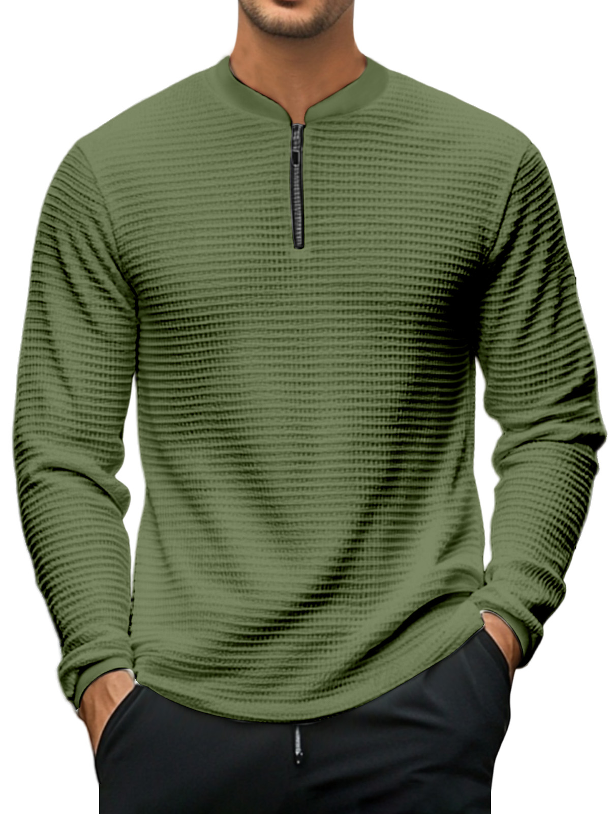 Men's Casual Solid Color Baseball Collar Zipper Texture Long-sleeved Polo Shirt
