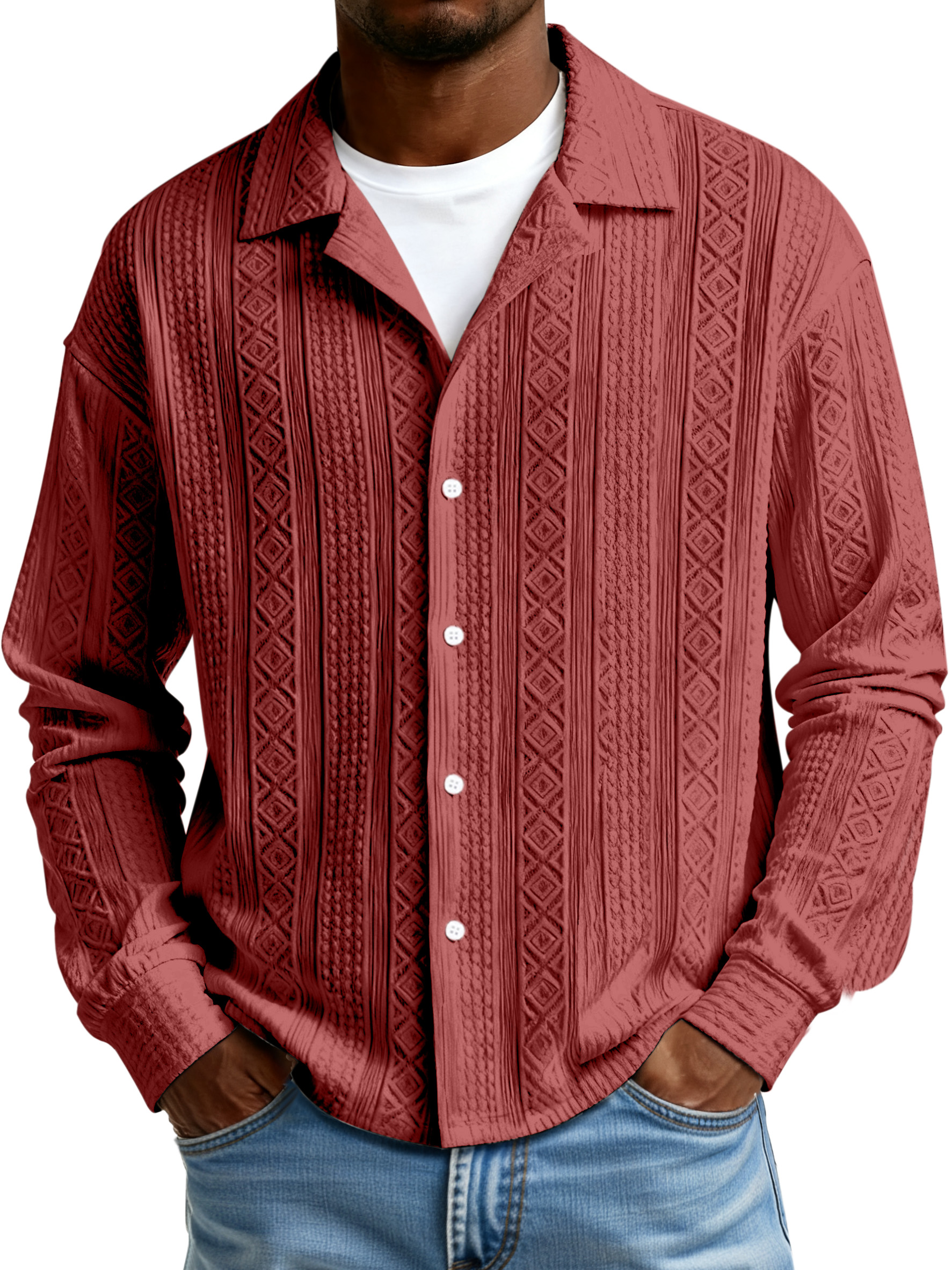Men's Simple Solid Color Textured Lapel Button-down Long-sleeved Shirt