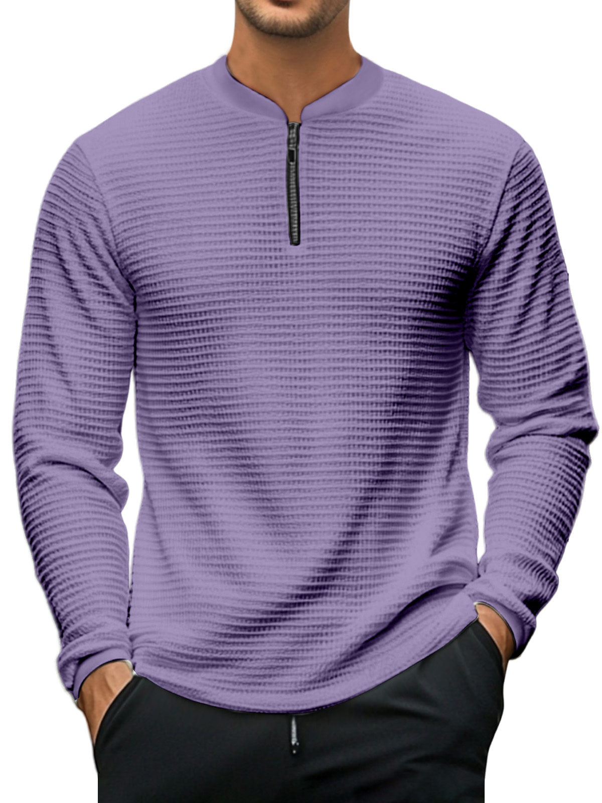 Men's Casual Solid Color Baseball Collar Zipper Texture Long-sleeved Polo Shirt