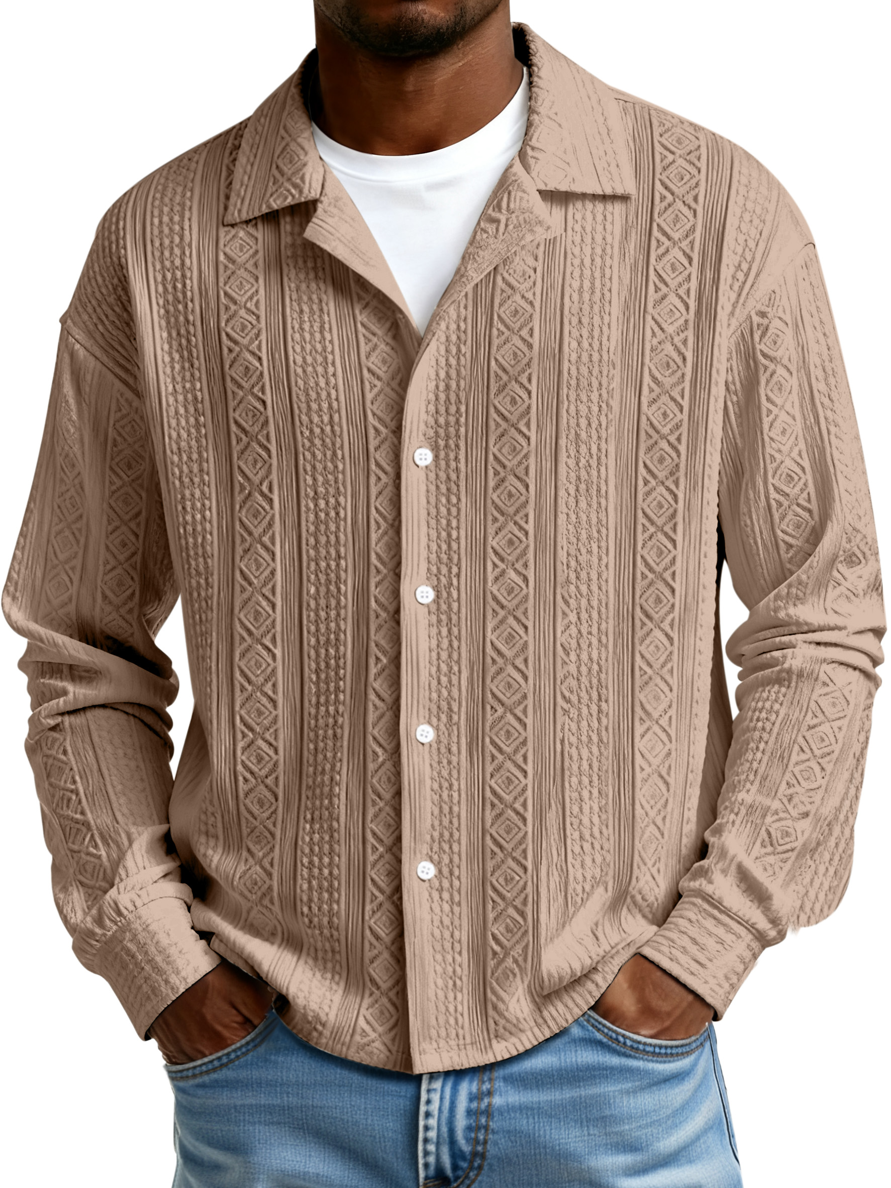 Men's Simple Solid Color Textured Lapel Button-down Long-sleeved Shirt