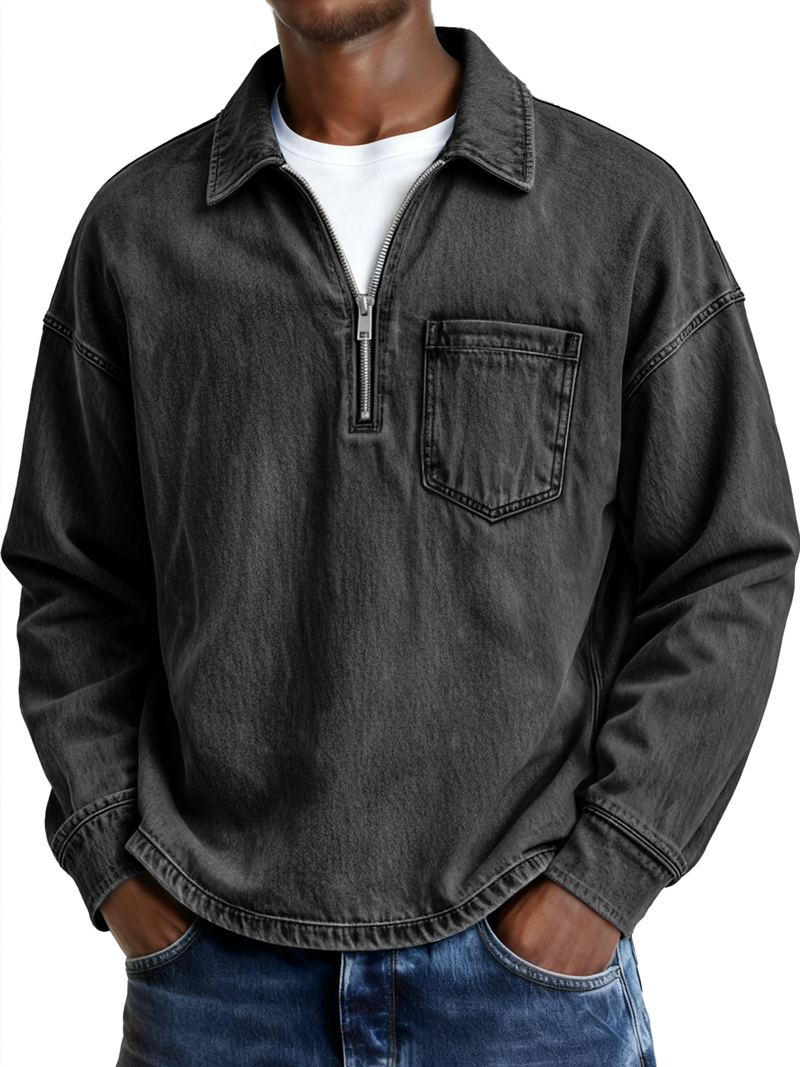 Men's Retro Lapel Zipper Casual Pocket Long-Sleeve Polo Shirt