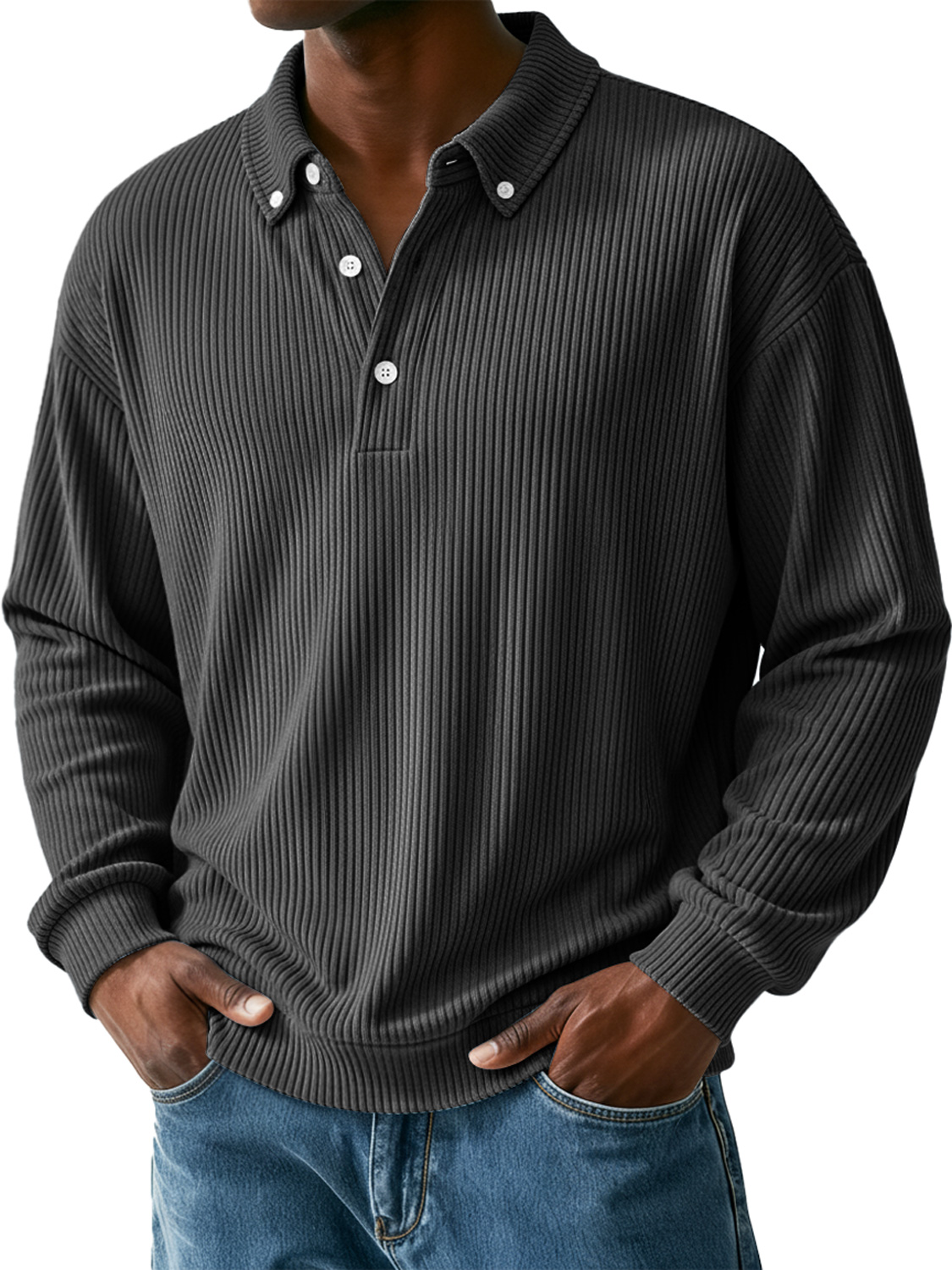 Men's Simple Ribbed Collar Button Casual Long-Sleeve Polo Shirt