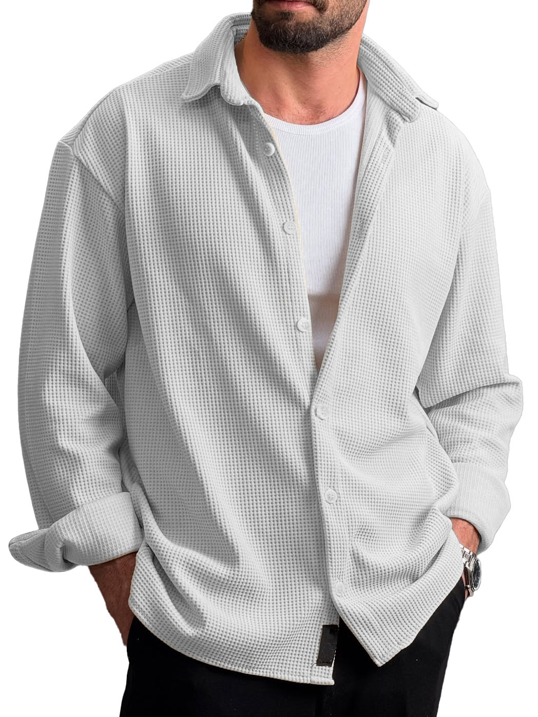 Men's Stylish Everyday Casual Waffle Fabric Lapel Long-sleeved Shirt