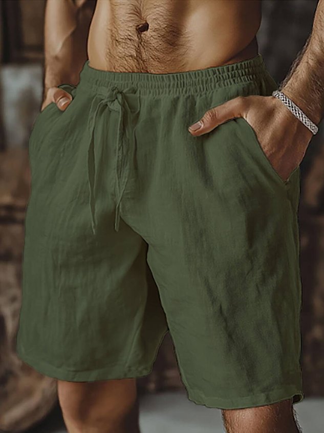 Hawaiian Vacation Solid Color Casual Cotton and Linen Men's Beach Shorts Big & Tall