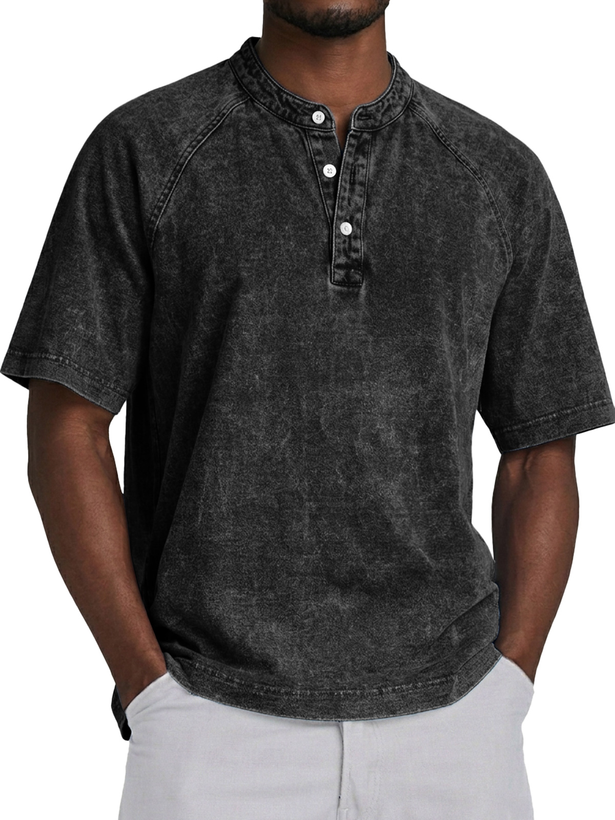 Men's Retro Raglan Collar Button Casual Short Sleeve Henley Shirt