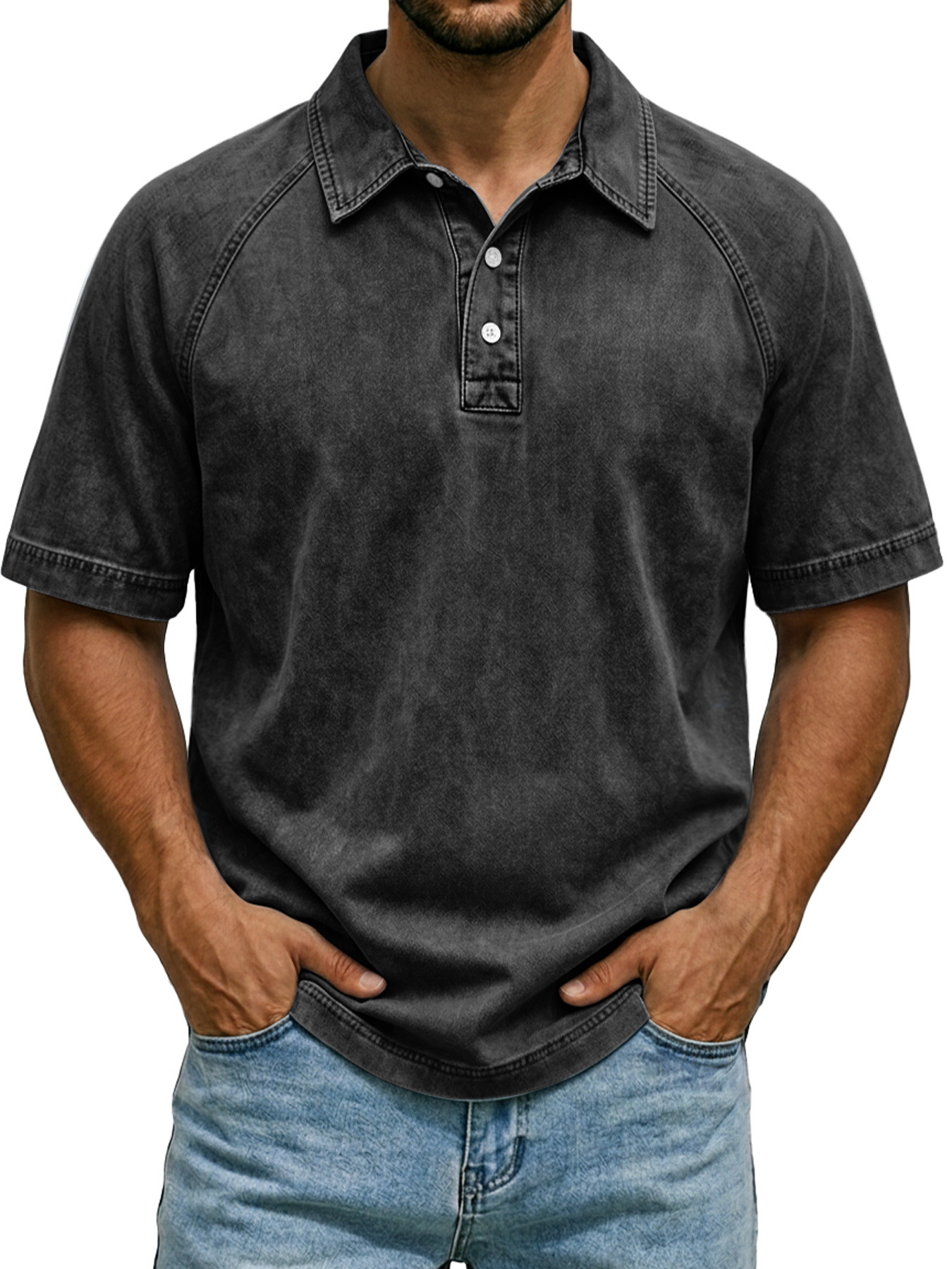 Men's Retro Raglan Collar Button Casual Short-Sleeve Polo Shirt