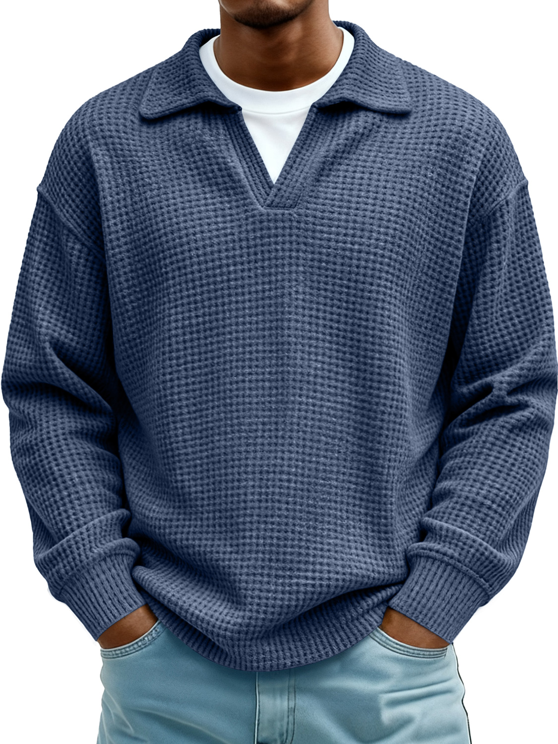 Men's Waffle-knit Faux Two-piece Collared Casual Polo Shirt