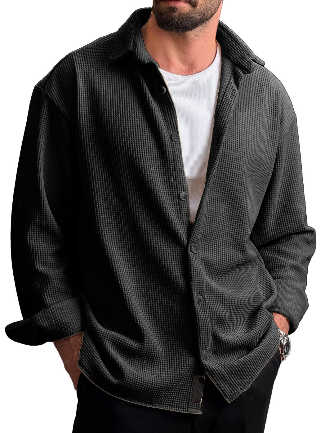 Men's Stylish Everyday Casual Waffle Fabric Lapel Long-sleeved Shirt