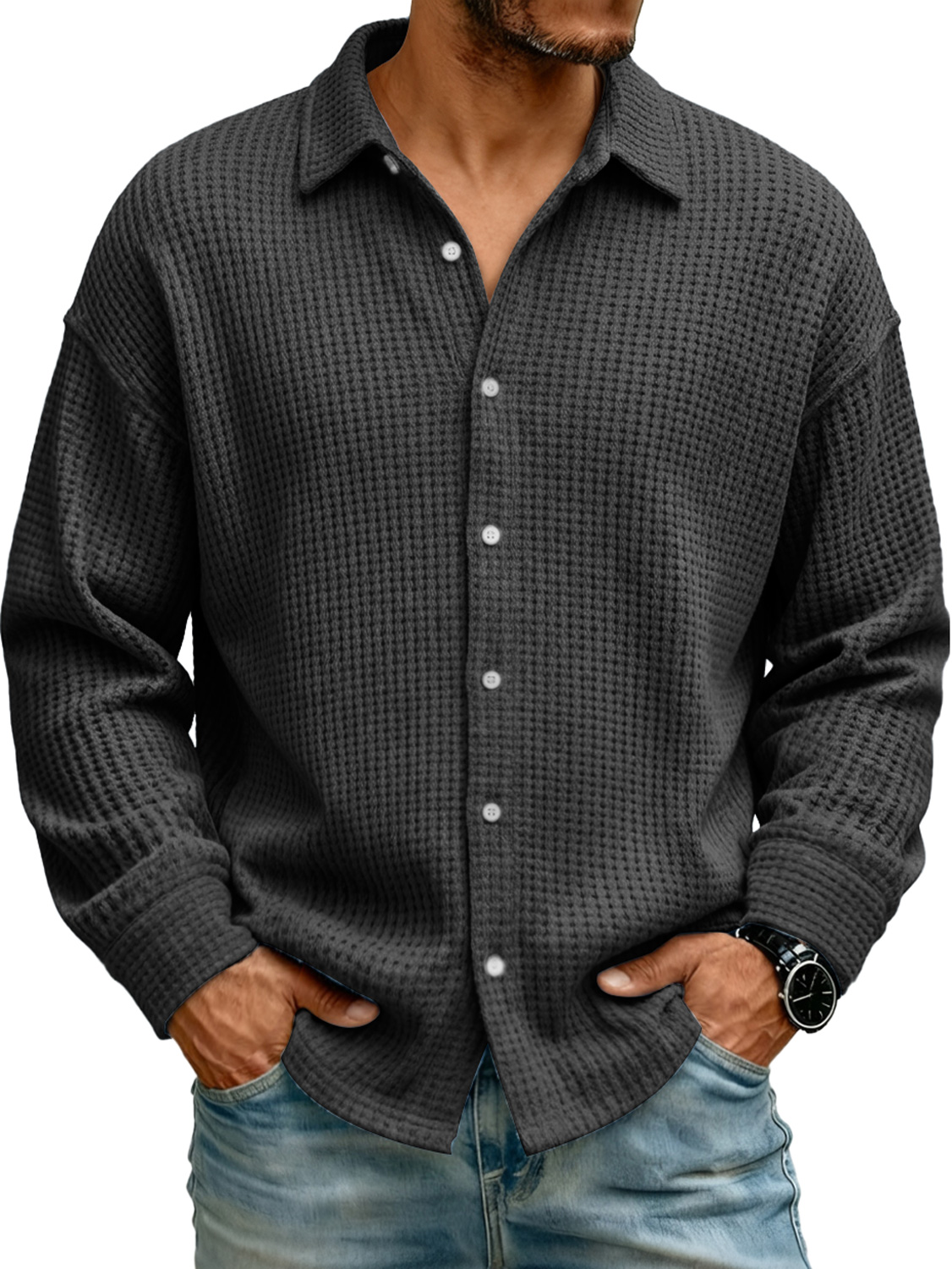 Men's Lapel Waffle Knit Casual Solid Color Long-sleeved Shirt