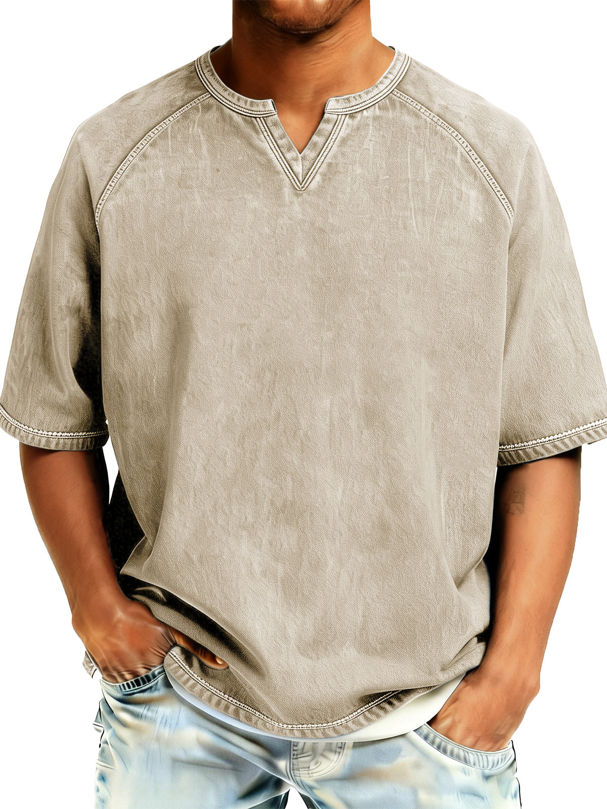 Men's Retro Distressed Raglan V-Neck Short-Sleeve T-Shirt